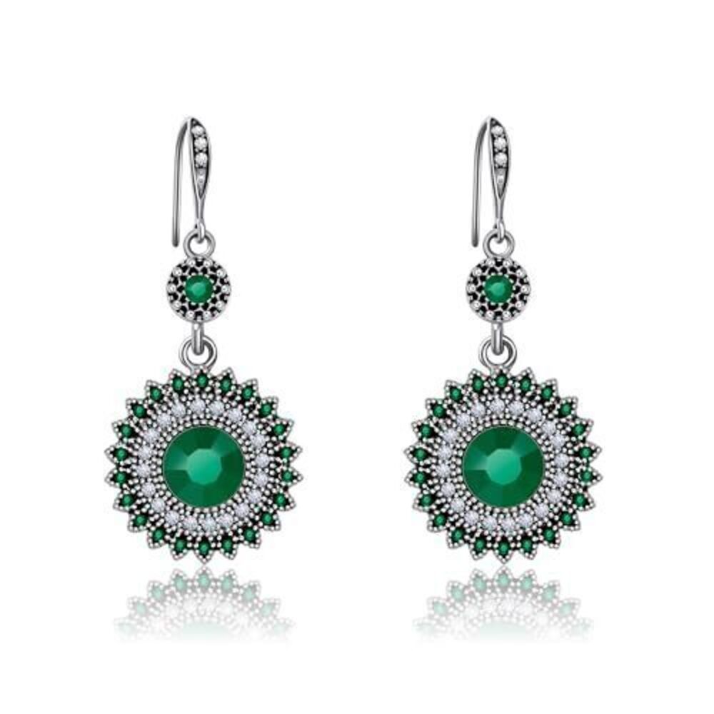 8411 Vintage Round Blue Sapphire Sunflowers Dangle Earrings, Unique Retro
